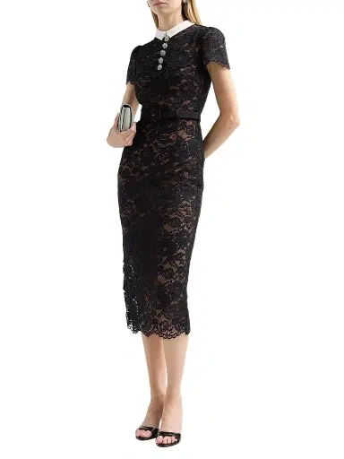 Self-Portrait Women's Lace Contrast Collar Midi Dress - Black | Thumbnail 3