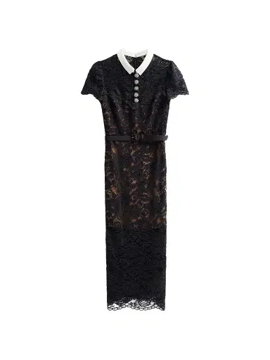 Self-Portrait Women's Lace Contrast Collar Midi Dress - Black | Thumbnail 1