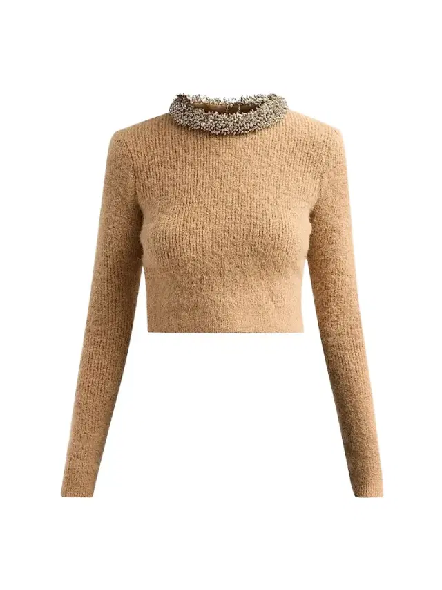 Self-Portrait Women's Beaded-Trim Knit Sweater - Brown