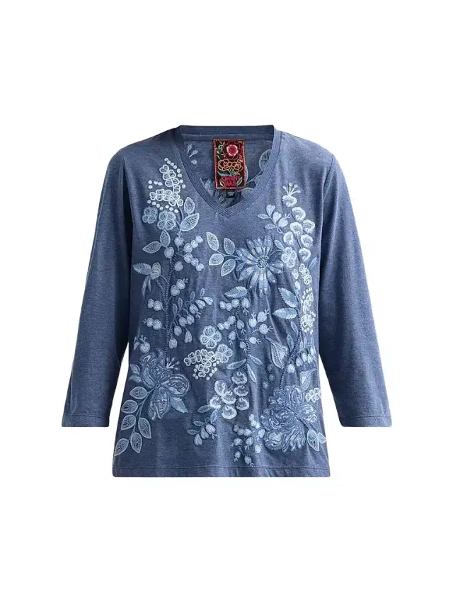 Johnny Was Women's Sarai Floral-Embroidered Cotton T-Shirt - Wash Navy - Size XL