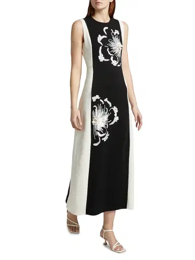 TANYA TAYLOR Women's Colette Sequined Floral Stretch-Crêpe Midi-Dress - Black Cream | Thumbnail 2