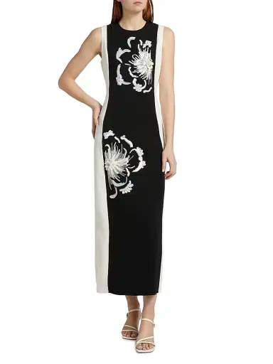 TANYA TAYLOR Women's Colette Sequined Floral Stretch-Crêpe Midi-Dress - Black Cream | Thumbnail 3