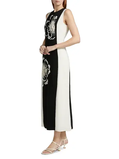 TANYA TAYLOR Women's Colette Sequined Floral Stretch-Crêpe Midi-Dress - Black Cream | Thumbnail 4