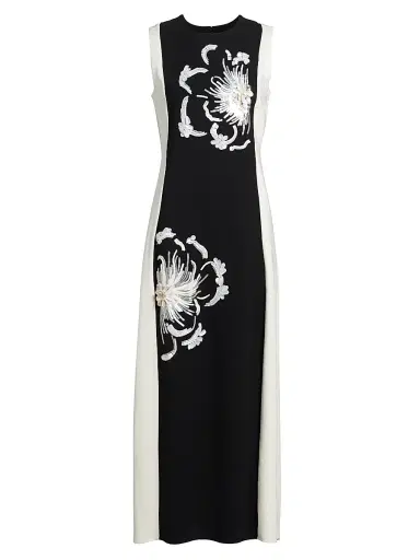TANYA TAYLOR Women's Colette Sequined Floral Stretch-Crêpe Midi-Dress - Black Cream | Thumbnail 1