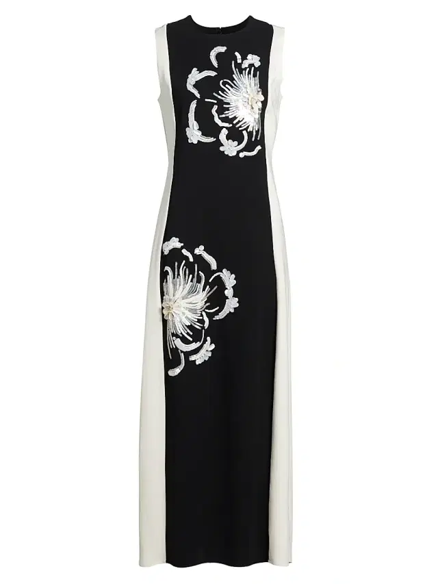 TANYA TAYLOR Women's Colette Sequined Floral Stretch-Crêpe Midi-Dress - Black Cream