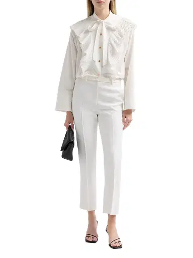 Alberta Ferretti Women's Pleated Ruffle Neck-Tie Cotton Blouse | Thumbnail 2