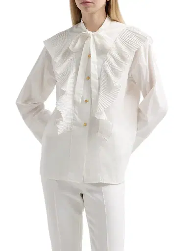 Alberta Ferretti Women's Pleated Ruffle Neck-Tie Cotton Blouse | Thumbnail 4