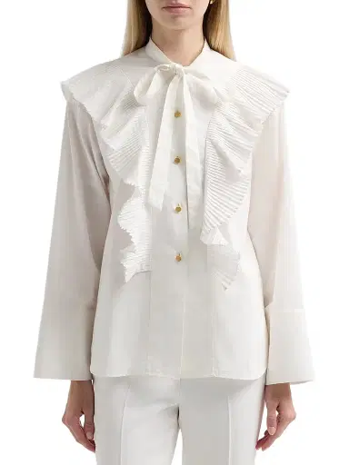 Alberta Ferretti Women's Pleated Ruffle Neck-Tie Cotton Blouse | Thumbnail 5