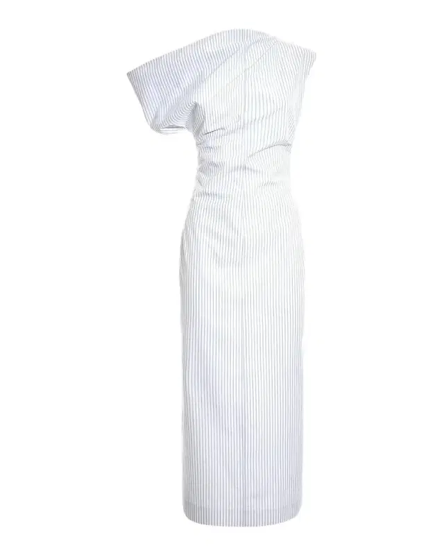 Malo Pinstriped Cotton Off-The-Shoulder Midi-Dress