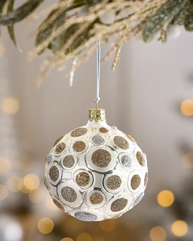 Exclusive Glitter Polka Dots on Matte White Ball Christmas Ornament