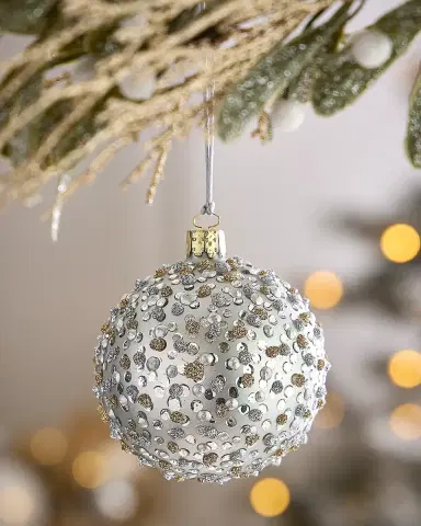 Exclusive Glitter Polka Dots on Matte Silver Ball Christmas Ornament | Thumbnail 1