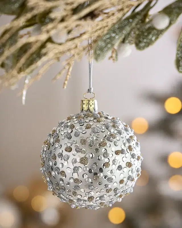 Exclusive Glitter Polka Dots on Matte Silver Ball Christmas Ornament