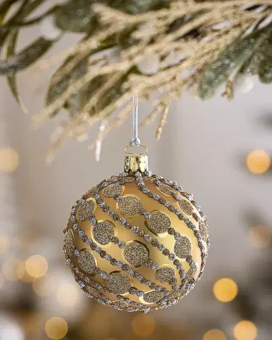 Exclusive Glitter Polka Dots on Matte Gold Ball Christmas Ornament | Thumbnail 1
