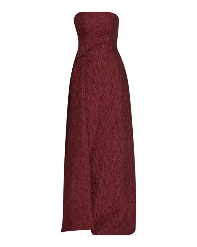 MONIQUE LHUILLIER Strapless Textured Jacquard Draped Train Column Gown