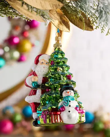 Exclusive Santa with Tree and Snowman Christmas Ornament | Thumbnail 1