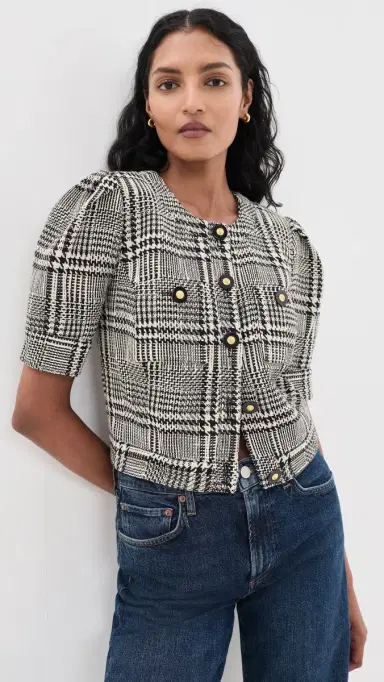 L'Agence Allegra Short Sleeve Cropped Jacket Blk/Wht Glen Plaid | Thumbnail 2