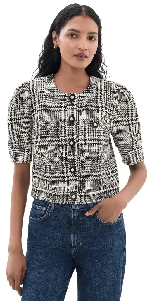 L'Agence Allegra Short Sleeve Cropped Jacket Blk/Wht Glen Plaid