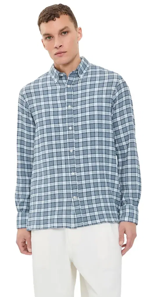 OFFICINE GÉNÉRALE Arsene Waffled Button Down Shirt White/Blue/Navy
