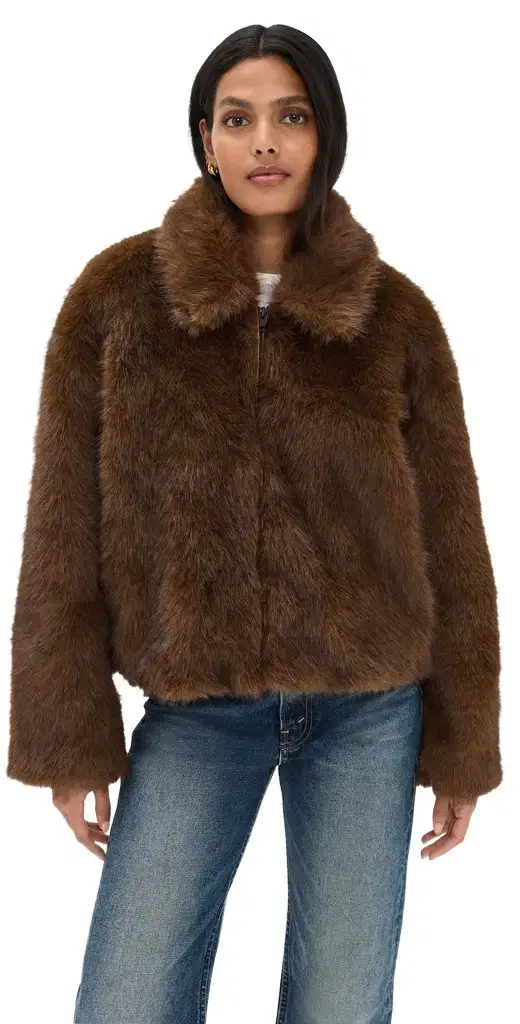 Bardot Sylvie Zip Faux Fur Jacket Chocolate