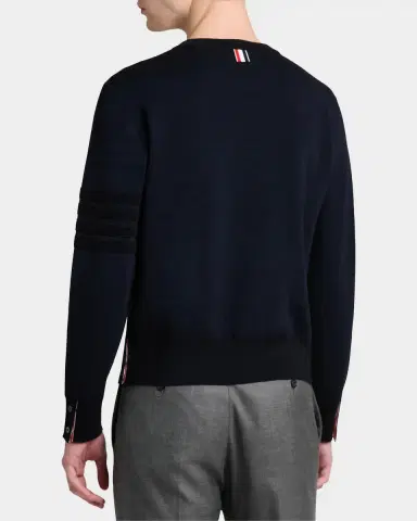 Thom Browne Men's Ottoman Stitch 4-Bar Stripe Wool-Linen-Cotton Crewneck Sweater | Thumbnail 3 Thom Browne Men's Ottoman Stitch 4-Bar Stripe Wool-Linen-Cotton Crewneck Sweater | Thumbnail 3