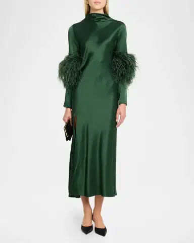 Lapointe Satin Draped Neck Feather-Trim Midi Dress | Thumbnail 2 Lapointe Satin Draped Neck Feather-Trim Midi Dress | Thumbnail 2