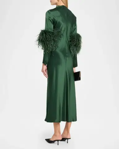 Lapointe Satin Draped Neck Feather-Trim Midi Dress | Thumbnail 3 Lapointe Satin Draped Neck Feather-Trim Midi Dress | Thumbnail 3