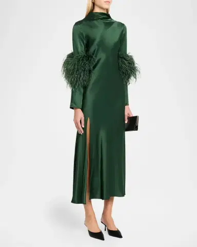 Lapointe Satin Draped Neck Feather-Trim Midi Dress | Thumbnail 4 Lapointe Satin Draped Neck Feather-Trim Midi Dress | Thumbnail 4