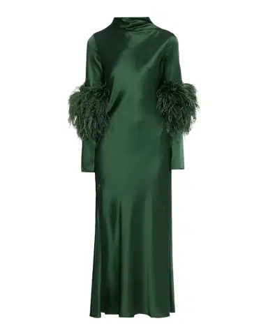 Lapointe Satin Draped Neck Feather-Trim Midi Dress | Thumbnail 1 Lapointe Satin Draped Neck Feather-Trim Midi Dress | Thumbnail 1