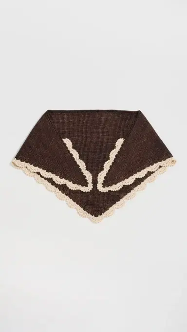 Loeffler Randall Monty Merino Wool Triangle Scarf Brown Knit w/ Cream Scallop Edges One Size | Thumbnail 2