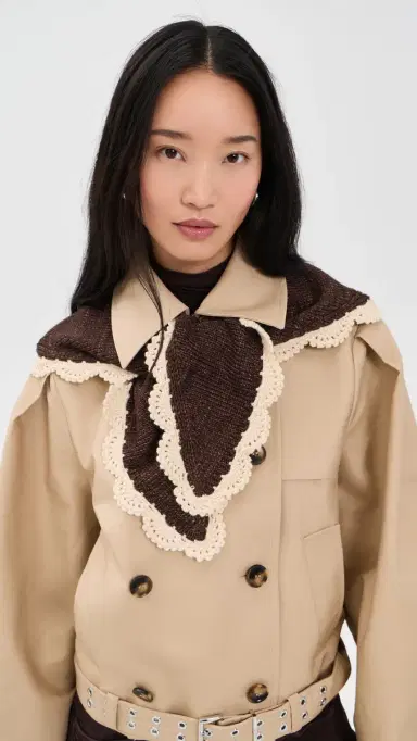 Loeffler Randall Monty Merino Wool Triangle Scarf Brown Knit w/ Cream Scallop Edges One Size | Thumbnail 3