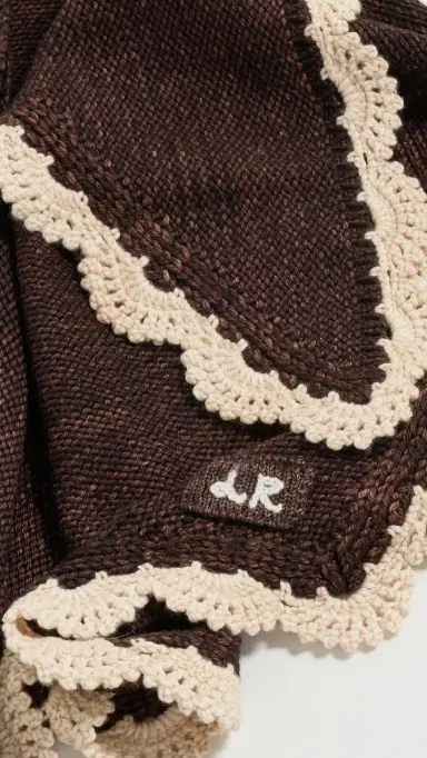 Loeffler Randall Monty Merino Wool Triangle Scarf Brown Knit w/ Cream Scallop Edges One Size | Thumbnail 4