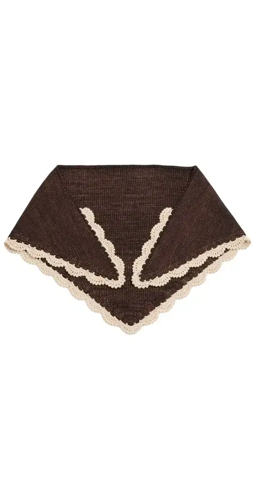 Loeffler Randall Monty Merino Wool Triangle Scarf Brown Knit w/ Cream Scallop Edges One Size
