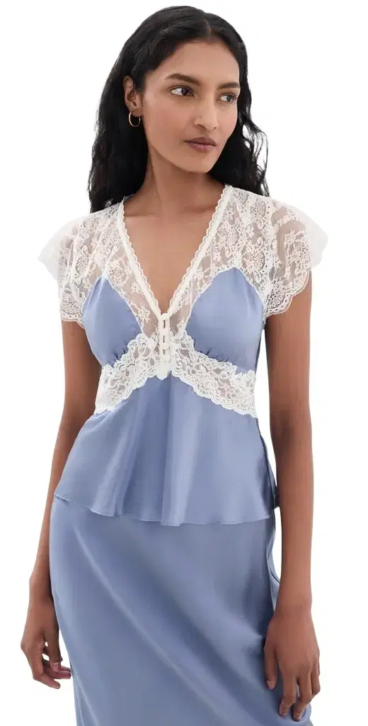 LoveShackFancy Verelle ilk-Blend Lace Top Weathered Blue