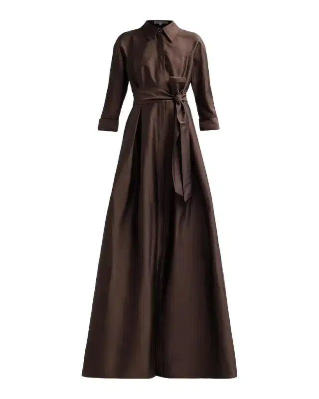 Rickie Freeman for Teri Jon 3/4-Sleeve Taffeta Shirtdress Gown