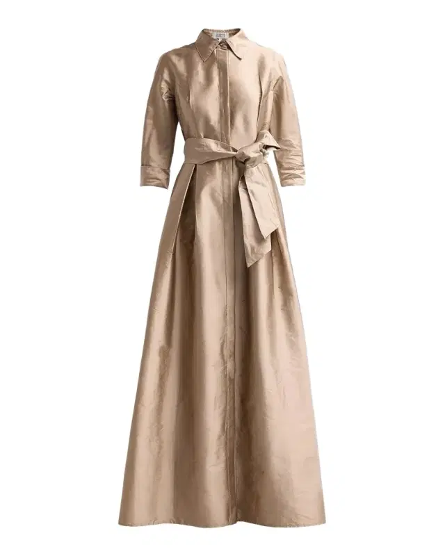 Rickie Freeman for Teri Jon 3/4-Sleeve Taffeta Shirtdress Gown