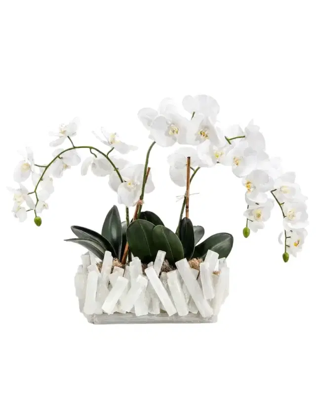 John-Richard Collection White Orchids 28" Faux Floral Arrangement in Selenite Vase