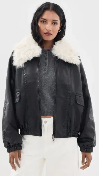 Source Unknown Rioni Faux Fur Collar Bomber Jacket Black M/L | Thumbnail 2
