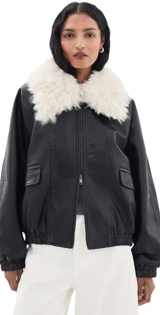 Source Unknown Rioni Faux Fur Collar Bomber Jacket Black M/L