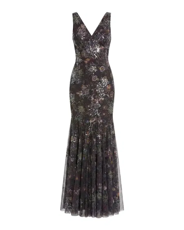 Mac Duggal Sequin Floral-Print Mesh Mermaid Gown