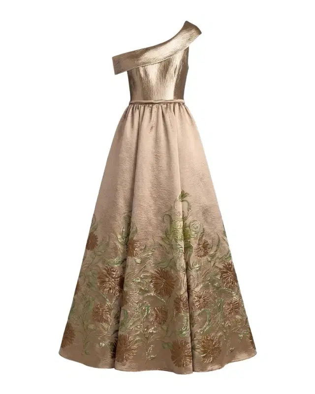 Mac Duggal One-Shoulder Metallic Brocade Ball Gown