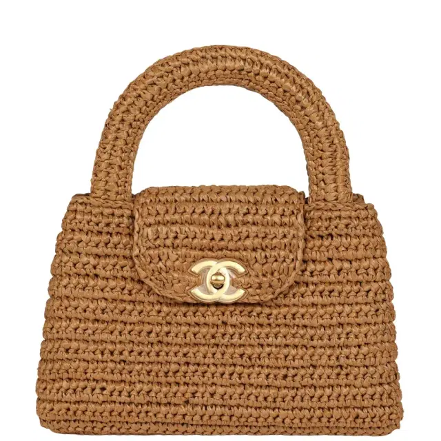 Chanel Chanel Small Kelly Shopper Dark Beige Raffia Brushed Gold Hardware