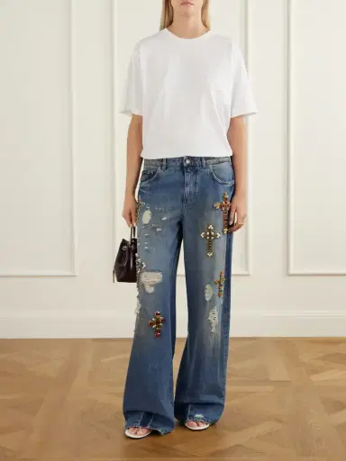 Dolce & Gabbana Embellished Distressed High-rise Wide-leg Jeans | Thumbnail 2
