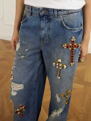 Dolce & Gabbana Embellished Distressed High-rise Wide-leg Jeans | Thumbnail 4