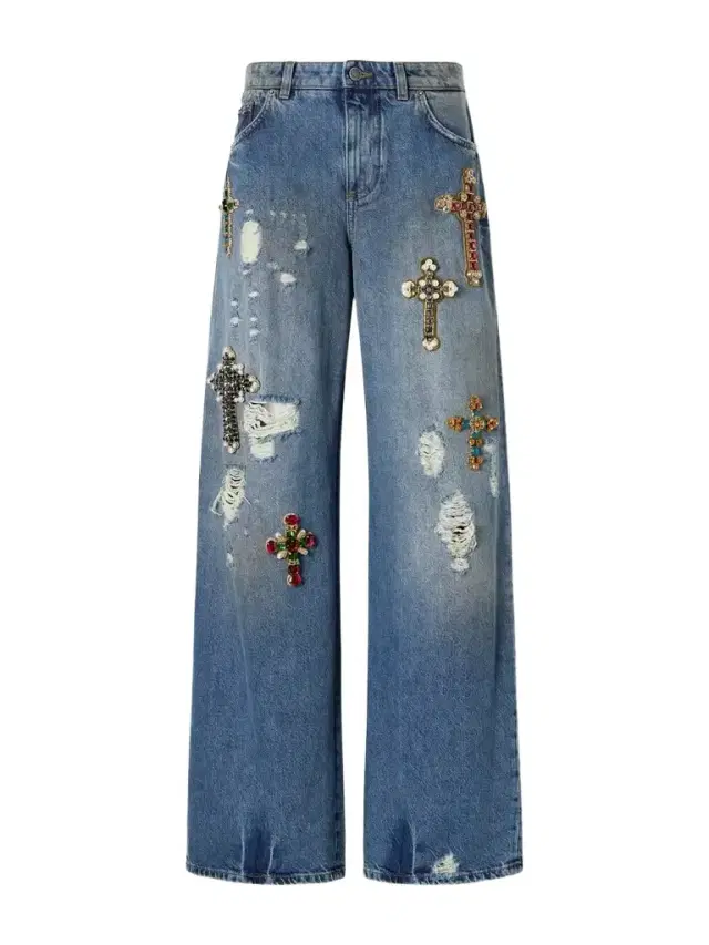 Embellished Distressed High-rise Wide-leg Jeans