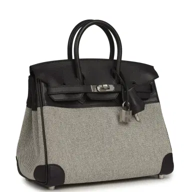 HERMÈS Pre-owned Hermes Birkin 25 Ecru-Black Toile H, Prunoir Swift Palladium Hardware | Thumbnail 2