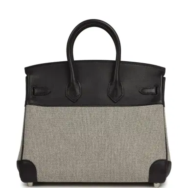 HERMÈS Pre-owned Hermes Birkin 25 Ecru-Black Toile H, Prunoir Swift Palladium Hardware | Thumbnail 4