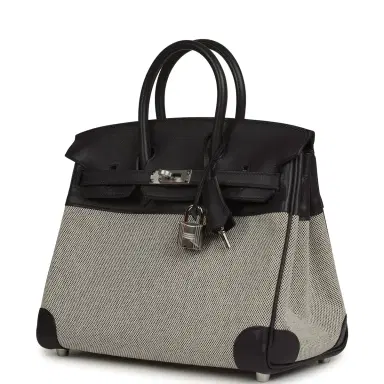 HERMÈS Pre-owned Hermes Birkin 25 Ecru-Black Toile H, Prunoir Swift Palladium Hardware | Thumbnail 5