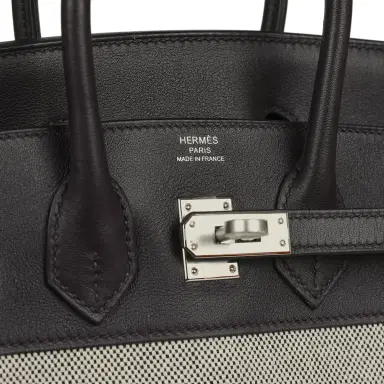 HERMÈS Pre-owned Hermes Birkin 25 Ecru-Black Toile H, Prunoir Swift Palladium Hardware | Thumbnail 7