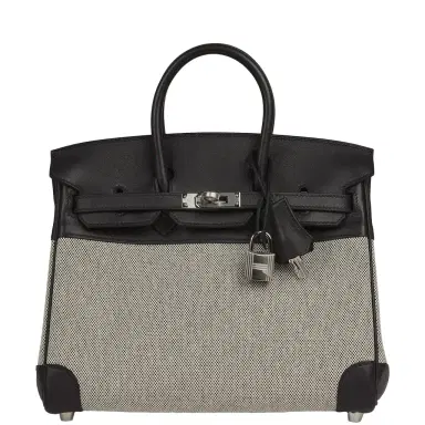 HERMÈS Pre-owned Hermes Birkin 25 Ecru-Black Toile H, Prunoir Swift Palladium Hardware | Thumbnail 1