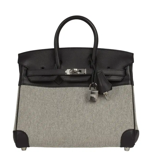 HERMÈS Pre-owned Hermes Birkin 25 Ecru-Black Toile H, Prunoir Swift Palladium Hardware
